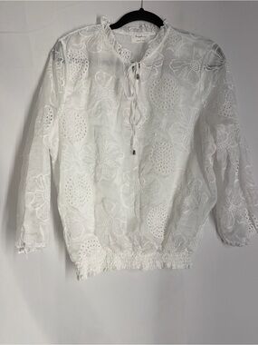 Lightweight White Floral Eyelet Blouse with Tie Neck